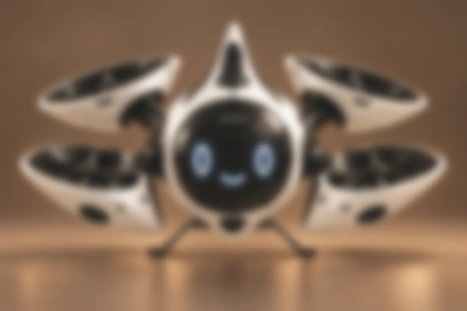 HANU AIR ONE behind frosted glass: an ivory and graphite body with a glowing face, a sensor horn and four fans
