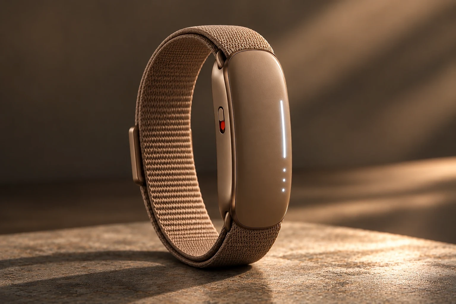 Hanu Band in Sand: a rounded module on a woven loop strap, with a line of light on its face and a red privacy switch on its side
